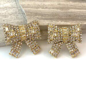 NEW ~ Anthropologie Oversized Rhinestone Bow Gold Earrings